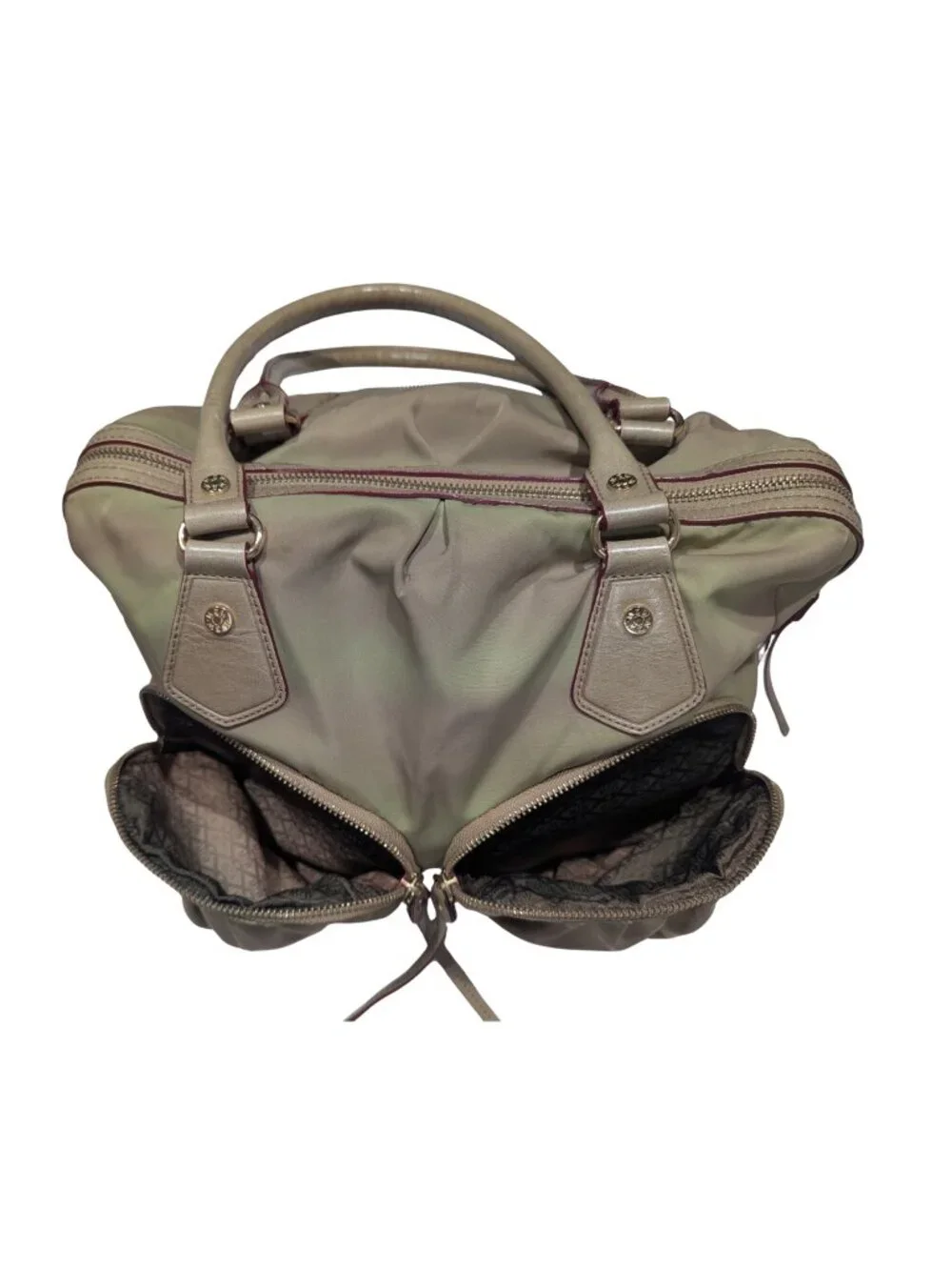 MZ Wallace Nylon Satchel Shoulder Bag Olive Khaki Leather Trim Gold Hardware